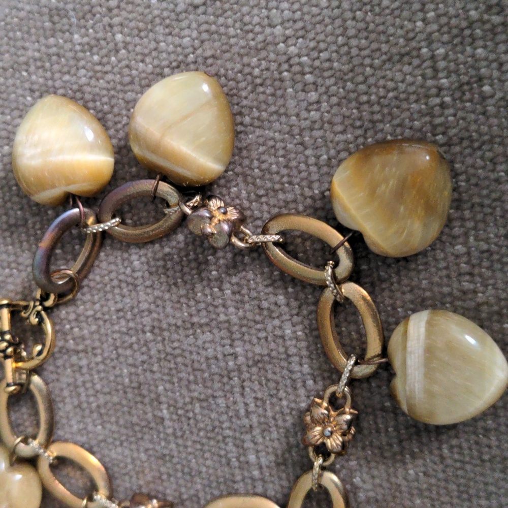 Gold Tiger Eye Heart Charm Gemstone Bracelet, Vintage, 7 1/4" Toggle Clasp, - Picture 5 of 7